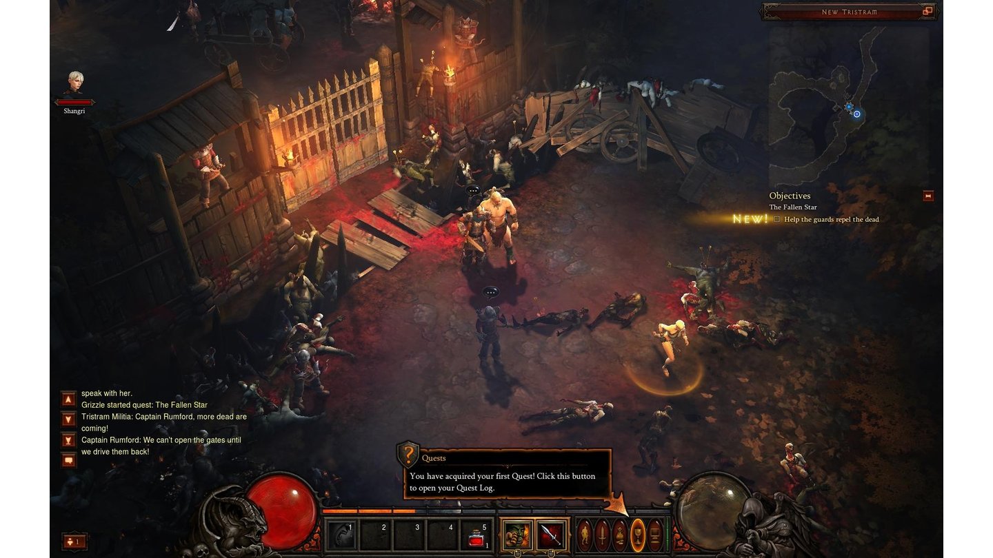 Diablo 3 Beta-PlaythroughAls wir uns der Stadt New Tristram nähern, erhalten wir unsere erste Quest: Wir sollen den Wachen helfen, die Untoten zurückzutreiben.