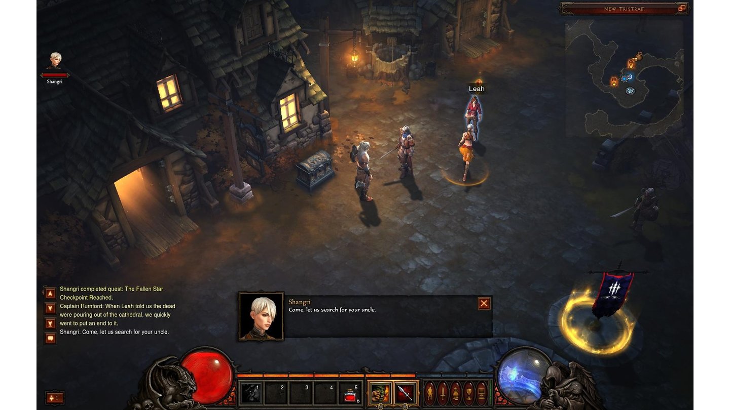 Diablo 3 Beta-PlaythroughLeah bittet uns, ihr bei der Suche nach ihrem Onkel, Deckard Cain, zu helfen.