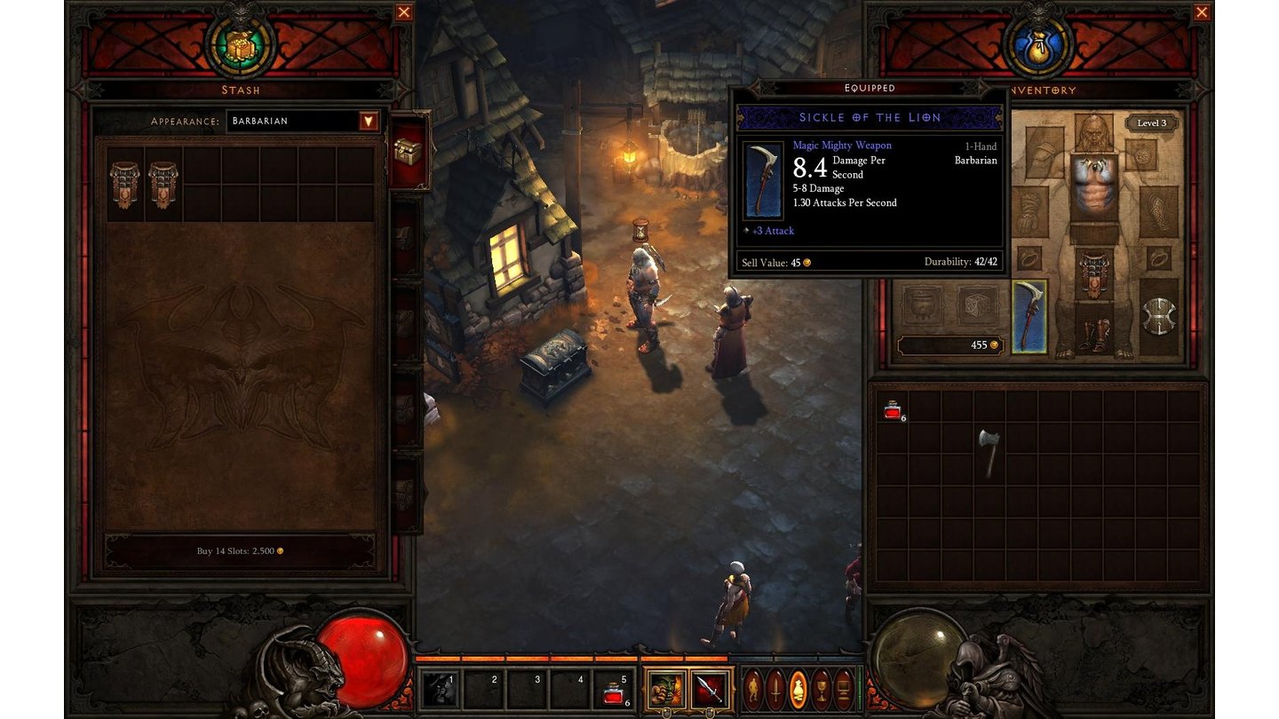 Diablo 3 Beta-PlaythroughUnsere erste magische Waffe, hurra! Unnütze Gegenstände können wir in die Kiste legen, auf die alle Charaktere gemeinsam zugreifen können. Auch das gesammelte Gold wird Accountübergreifend verwaltet.