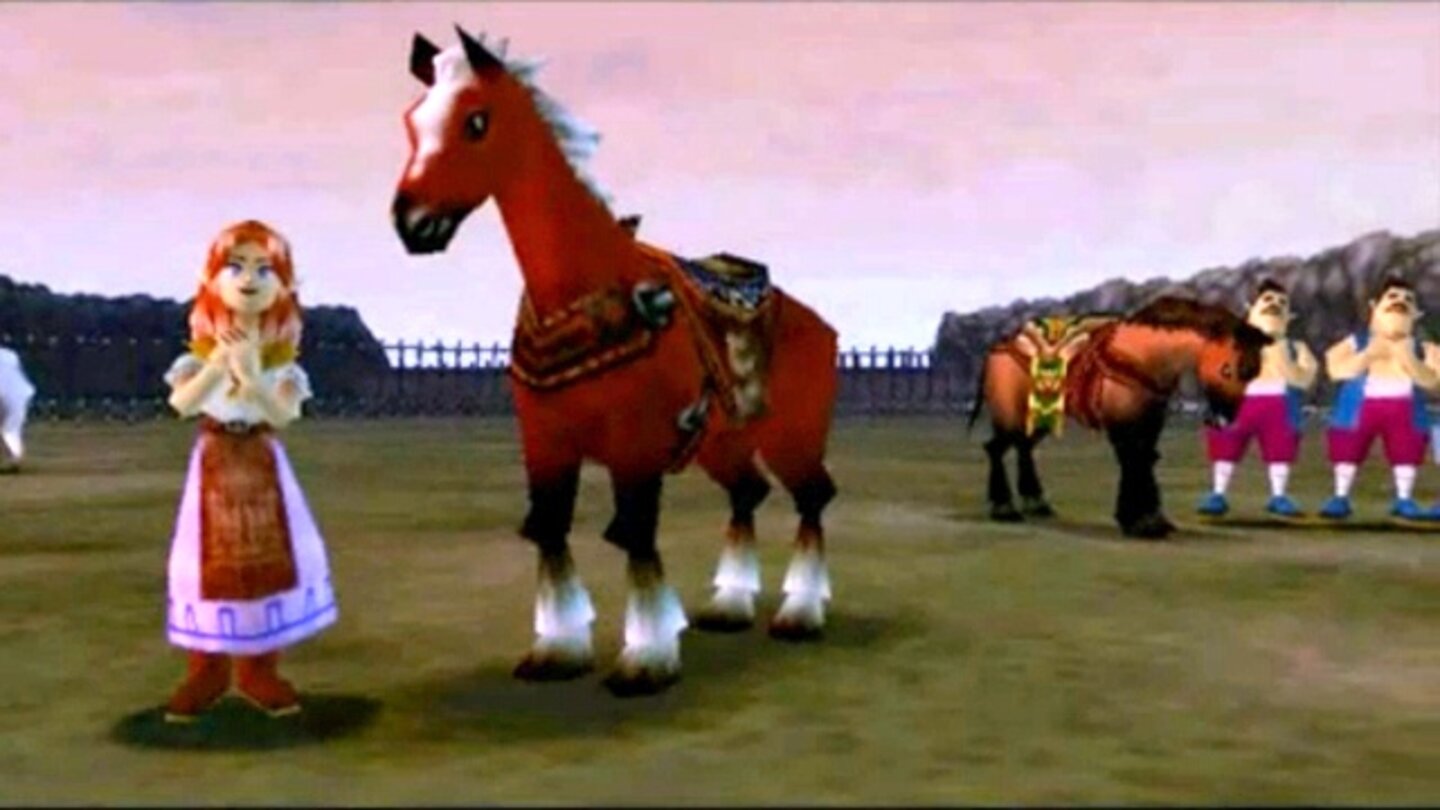 1998 - The Legend of Zelda: Ocarina of TimeNachdem Ganondorf endlich besiegt ist, lässt sich Link von allen Charakteren denen er auf seinen Abenteuern begegnet ist kräftig feiern.