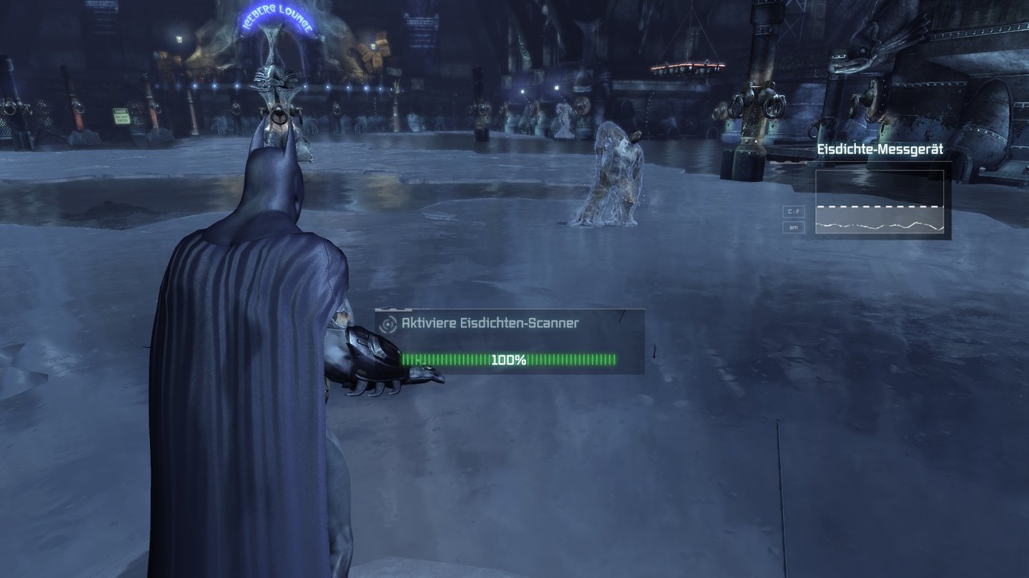 Batman: Arkham CityJetzt bloß keinen Fehltritt. Um Polizisten zu befreien, schleichen wir über brüchiges Eis.
