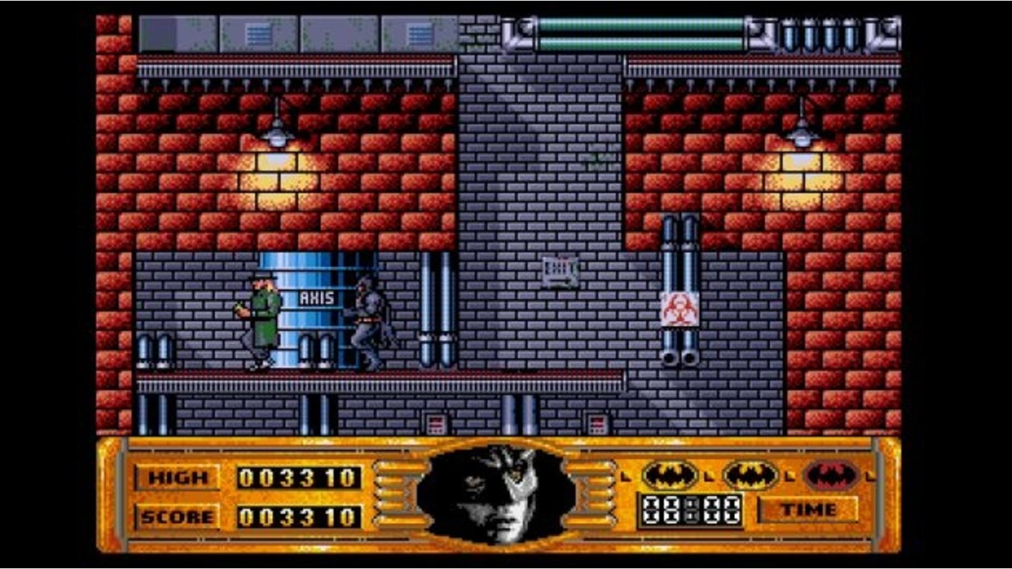 Batman: The Movie (1989, ZX Spectrum)Das Jahr 1989 ist für alle Batman-Fans ein historisches: Damals feiert Tim Burtons Kinofilm mit Michael Keaton und Jack Nicholson einen riesigen Erfolg – da ist es nur logisch, eine Lizenzumsetzung für die gängigen 8-Bit-PCs zu produzieren. Das von Ocean Software vertriebene Spiel setzt den Gameplay-Trend von The Caped Crusader fort, hält sich in seinen fünf Stages aber eng an die Filmvorlage. So prügeln wir uns beispielsweise durch die Ace-Chemicals-Fabrik, um Zeuge der Verwandlung von Jack Napier in den legendären Joker zu werden. Batman: The Movie ist gerade auf dem ZX Spectrum sehr erfolgreich, der echte Durchbruch gelingt der Filmumsetzung aber auf einer anderen Plattform …