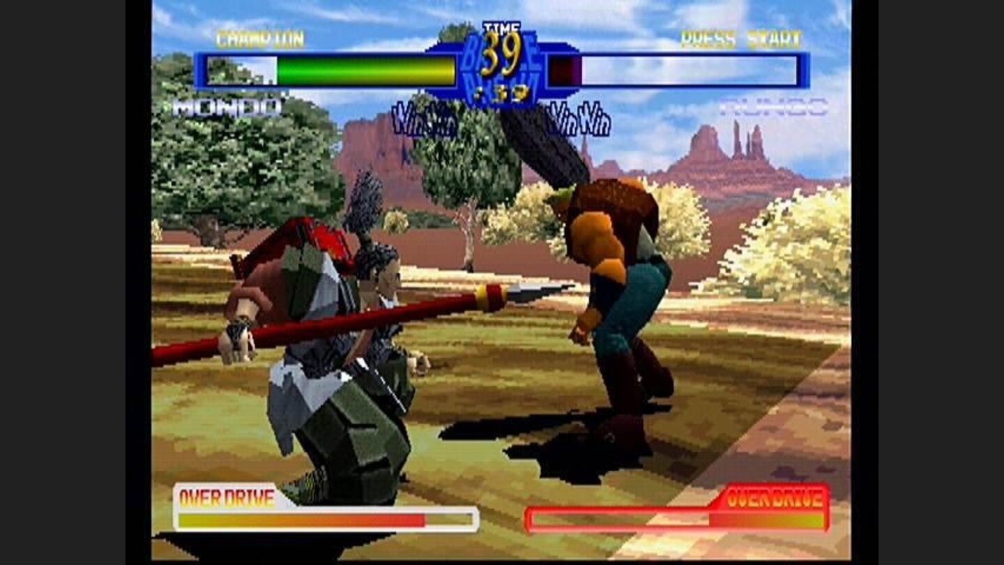Spear beats...uh...giant club? Rogue monk Mondo faces off against Rungo, who looks like a modern day version of Soul Blades Rock.