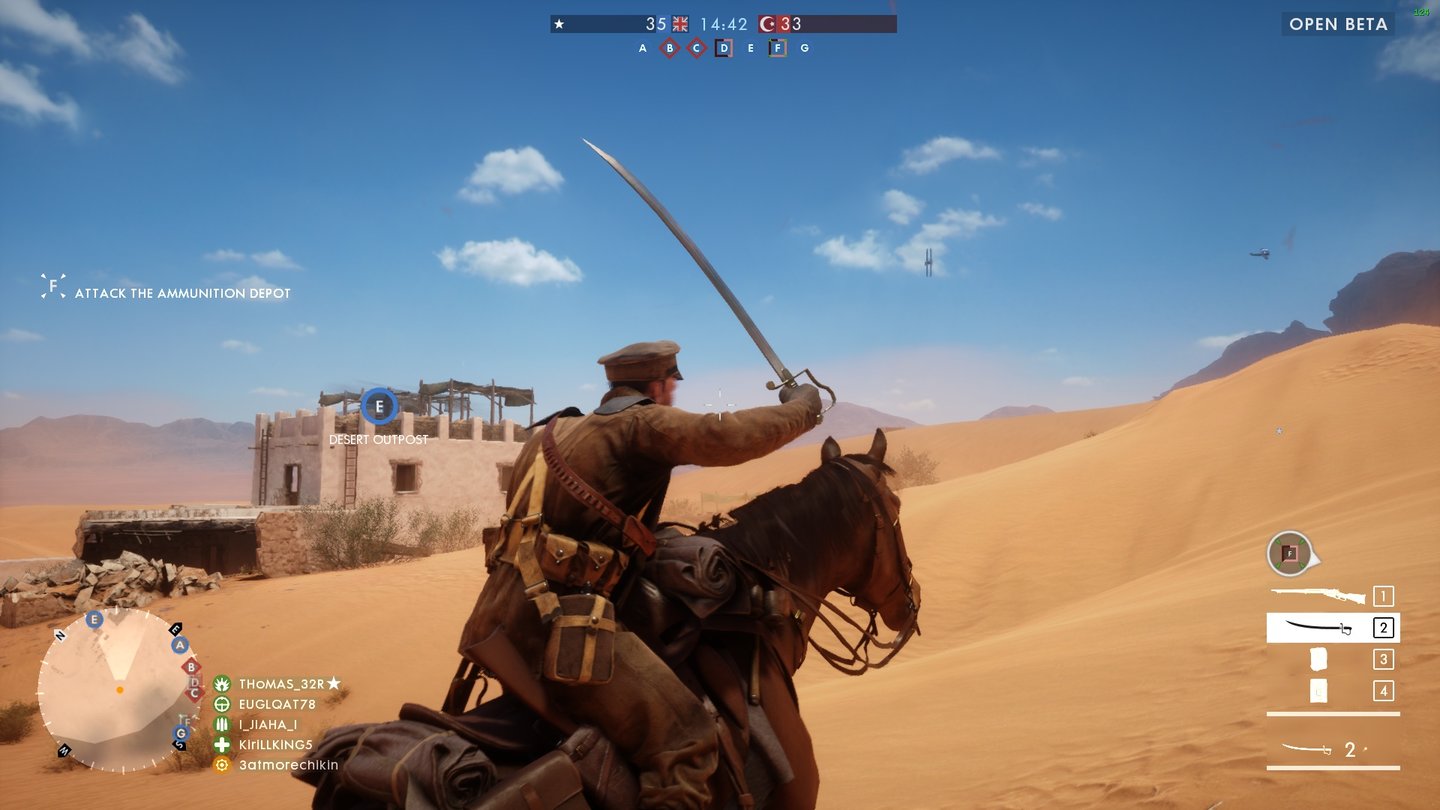 Battlefield 1Wer auf ein Pferd spawnt, wird unter anderem mit einem Säbel ausgestattet.