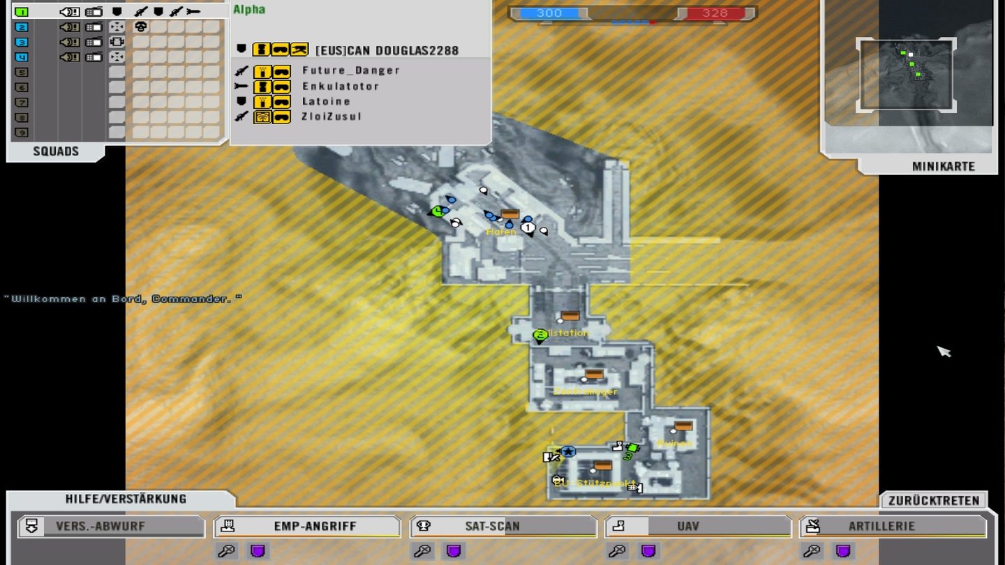 Auch in Battlefield 2142 gibt es einen Commander, der Artillerie, EMP-Angriffe und Aufklärungsdrohnen in verschiedene Zonen der Karte schießen kann.