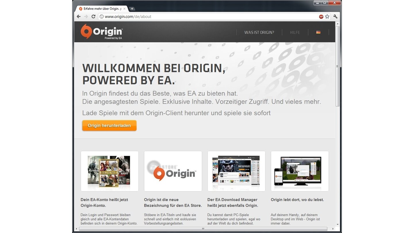Schritt 1: Gehen Sie auf die Webseite http://www.origin.com/de/about und laden Sie sich die Origin-Software von EA herunter.