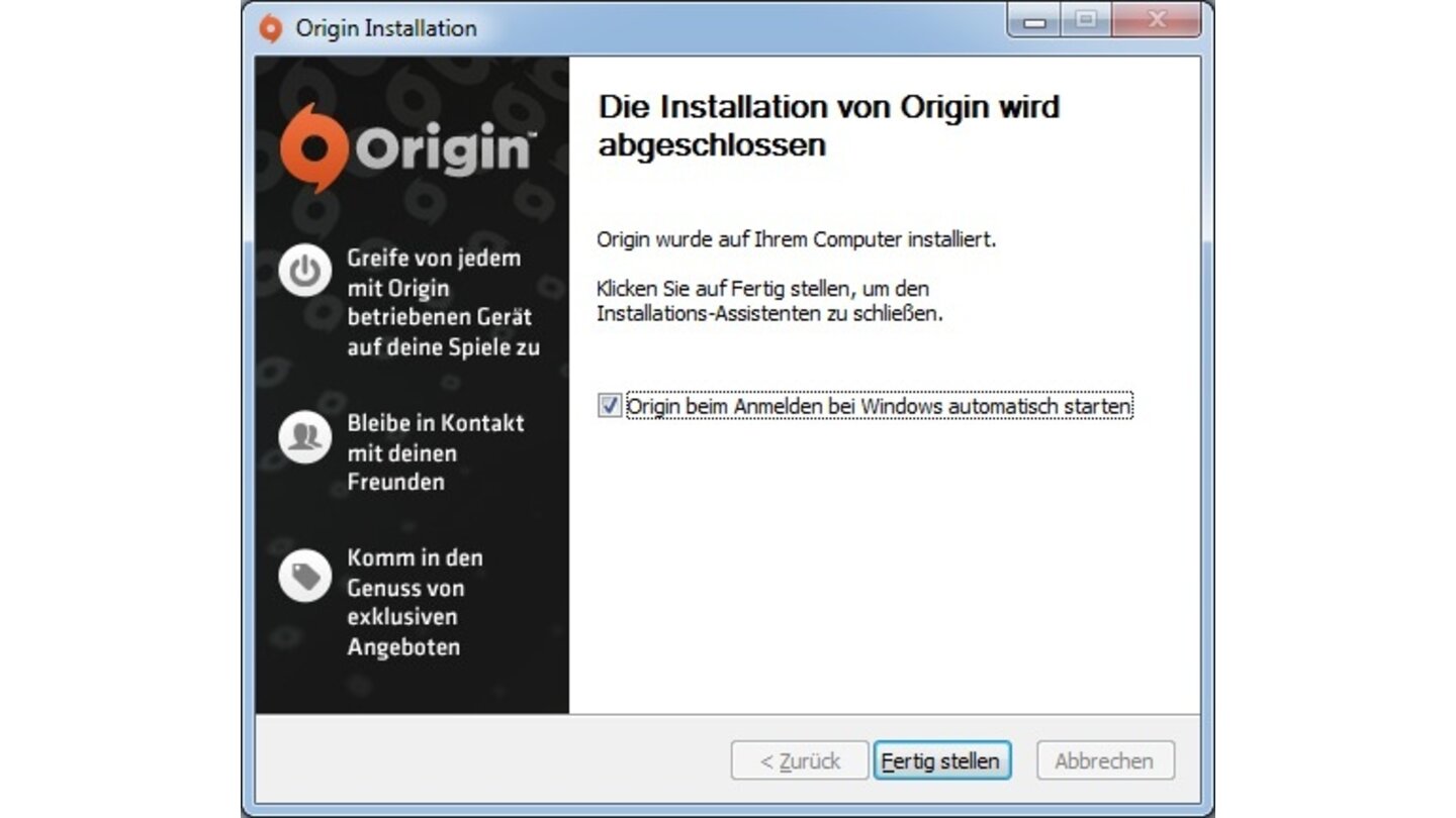 Schritt 8: Wollen Sie das Origin bei jedem Windows-Start automatisch geladen wird, lassen Sie den Haken gesetzt. Ansonsten wählen Sie diesen einfach ab.