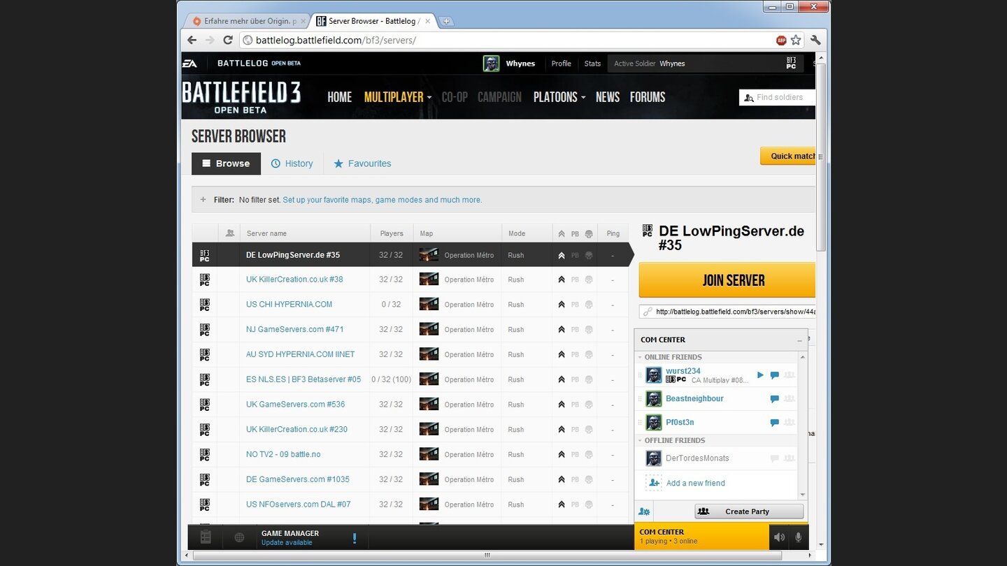 Schritt 25: Im Com-Center rechts unten finden Sie alle Ihre Origin-Freunde und können in deren Partien einsteigen – wenn es denn freie Stellen gibt.