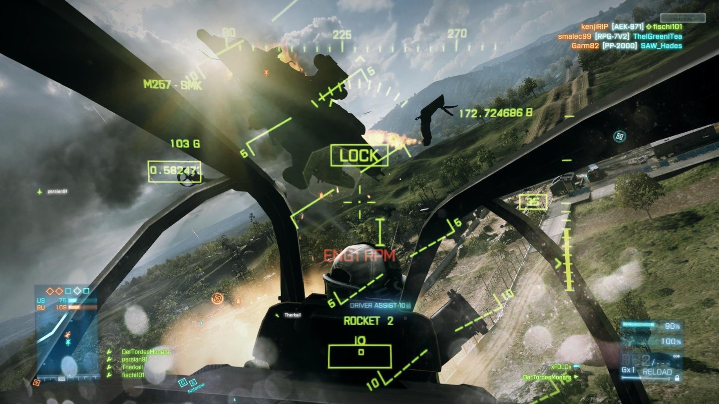 Battlefield 3Wenn Wrackteile aufs Cockpit treffen, wackelt der ganze Helikopter. Dennoch sind die Kisten erstaunlich widerstandsfähig.