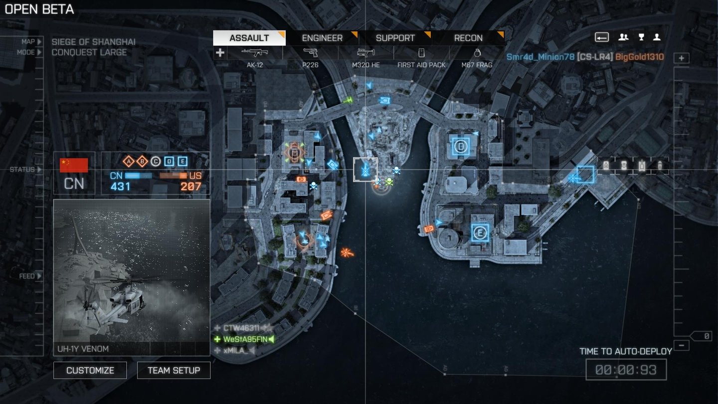 Battlefield 4 - Multiplayer-BetaNeu: Im Kamerafenster unten links sehen wir vor dem Spawnen, was auf dem schlachtfeld passiert. Ist der Heli ein sicherer Einstiegspunkt?