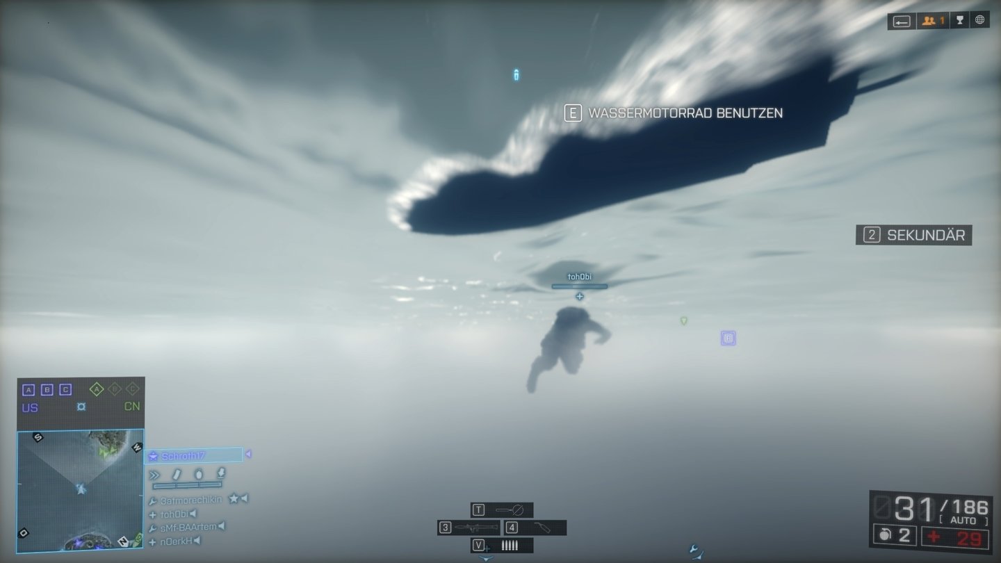 Battlefield 4 - Multiplayer-Screenshots (PC-Version)Ohne Schwimmflügel: Alle Soldaten dürfen jetzt auch tauchen und an der Wasseroberfläche ihre Pistole benutzen.