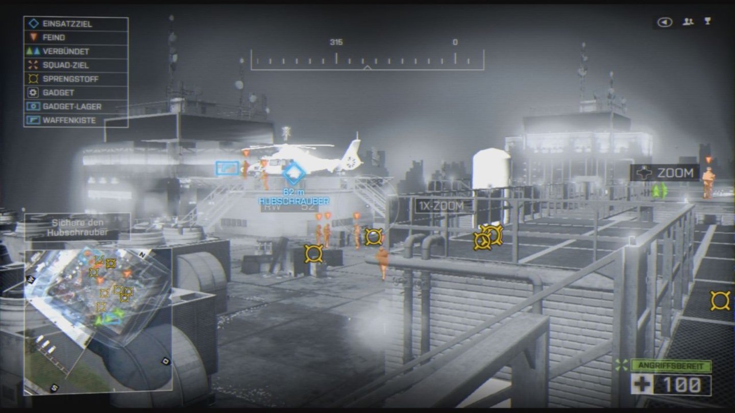 Battlefield 4 (PS3)Mit dem Hightech-Fernglas scannen wir die Umgebung. Gegner werden dann automatisch orange markiert. Das macht das Vorgehen allerdings etwas zu einfach.