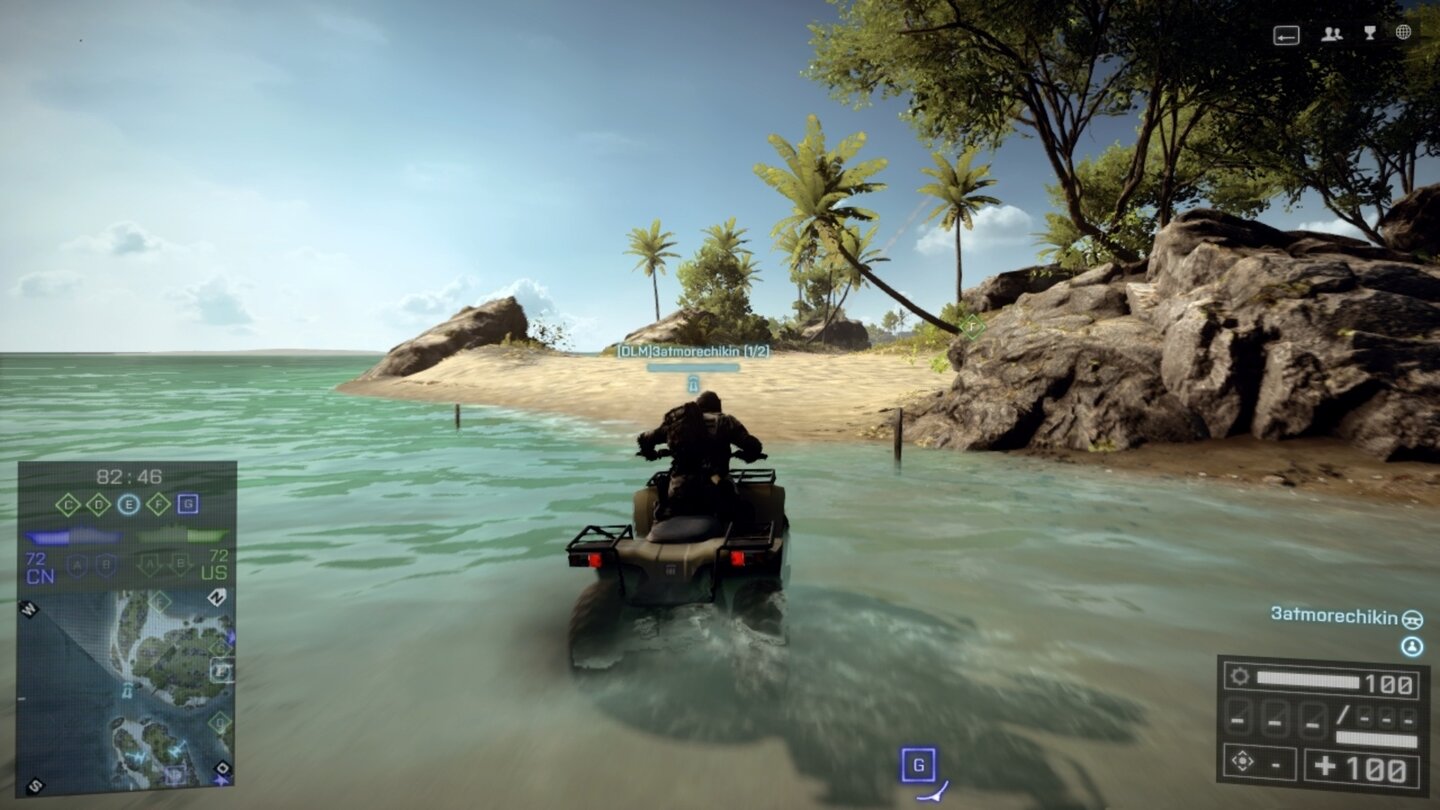 Battlefield 4 - Naval StrikeDer Pfahl weist den Weg. An flachen Stellen rauschen wir mit dem Quad zum anderen Ufer.