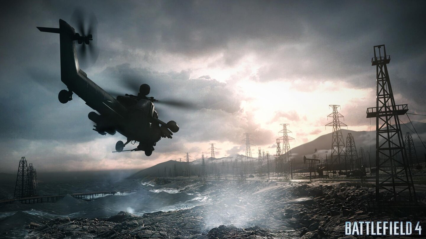 Battlefield 4Der Havoc-Hubschrauber verfolgt die Männer um Recker die ganze Präsentation über.
