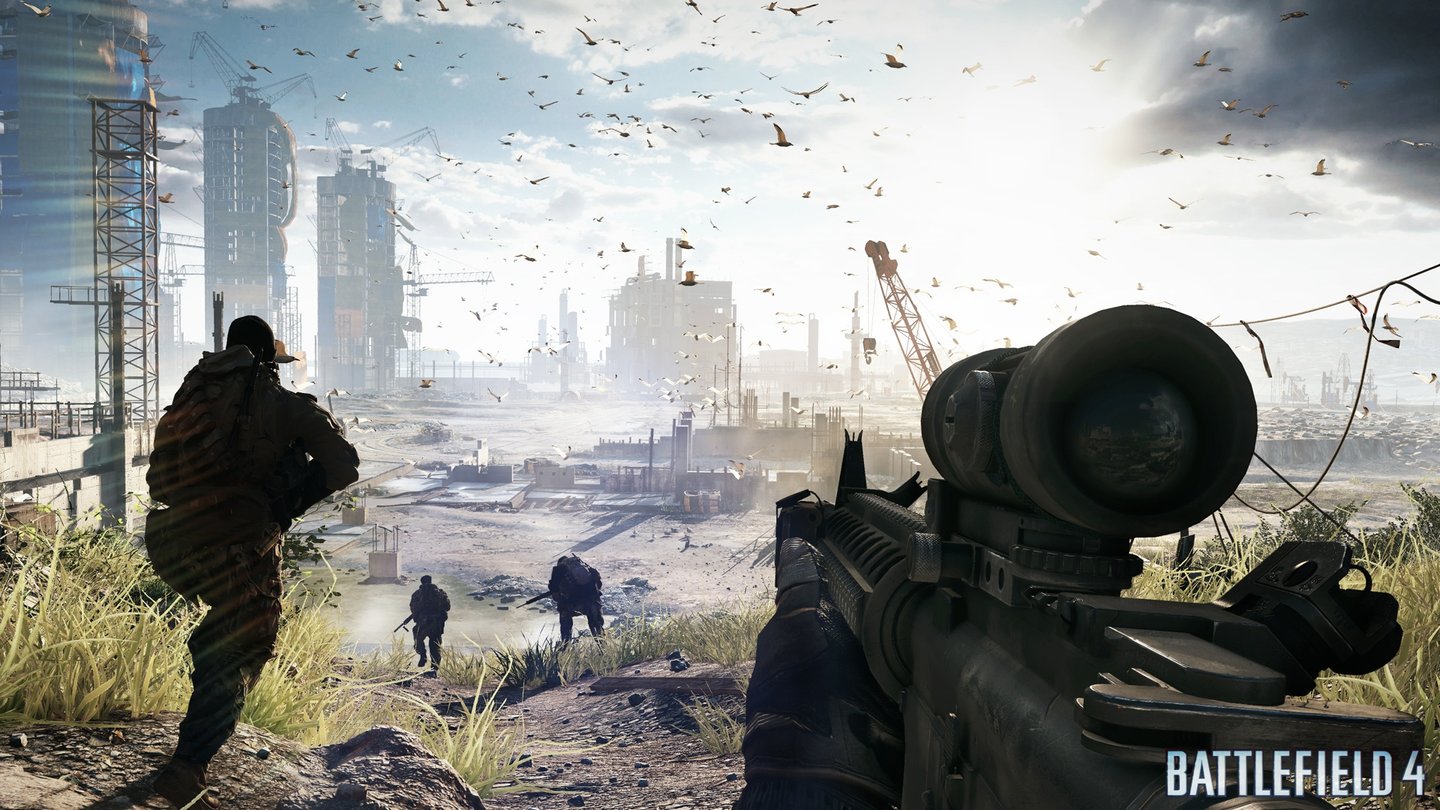 Battlefield 4Der aufsteigende Vogelschwarm wirkt in Bewegung noch beeindruckender, die weitläufigen Level sind auch auf dem Screenshot gut zu erkennen.