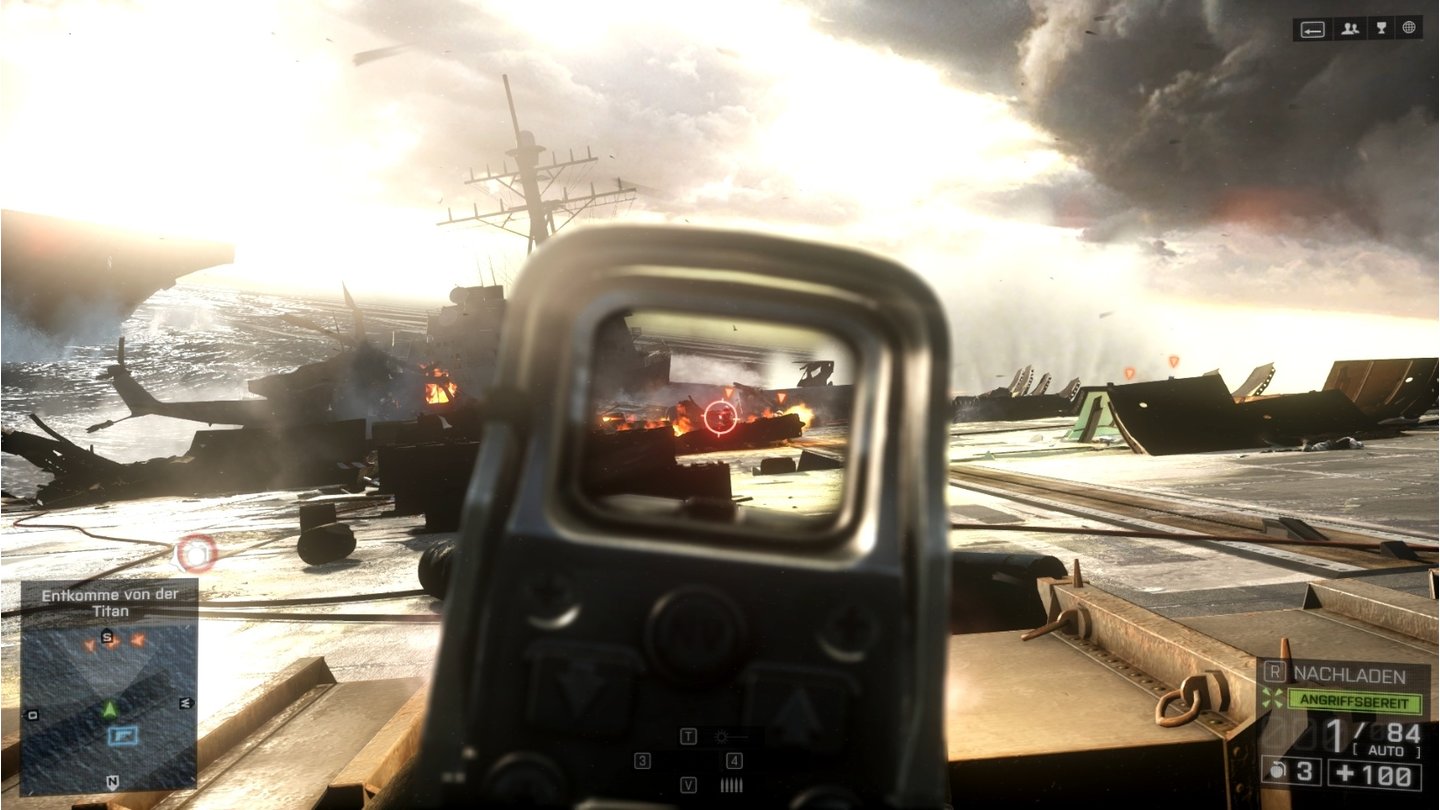 Battlefield 4So sieht's aus, wenn es einem Titan schlecht geht. Titan heißt der Flugzeugträger, auf dem wir hier stehen.