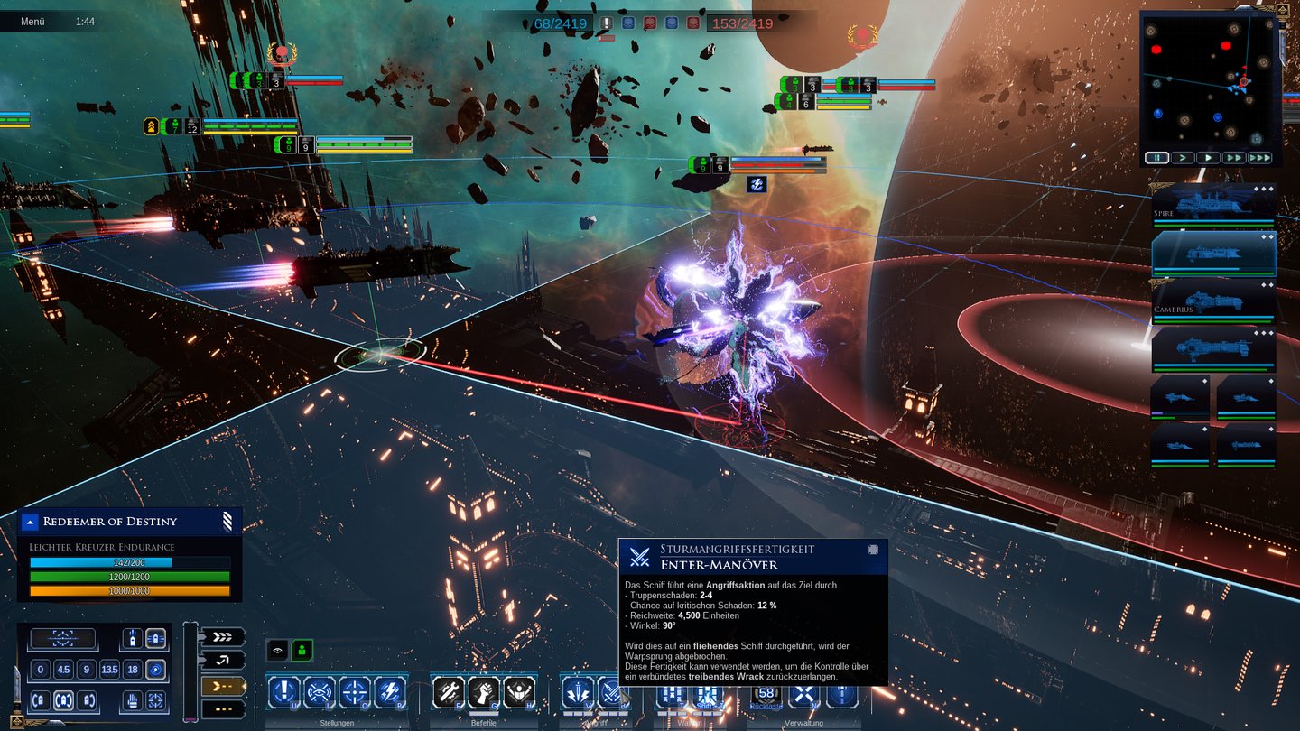 Battlefleet Gothic: Armada 2 - Entermanöver können nur im hellblau gekennzeichneten Bereich durchgeführt werden, der Gegner ist außer Reichweite.