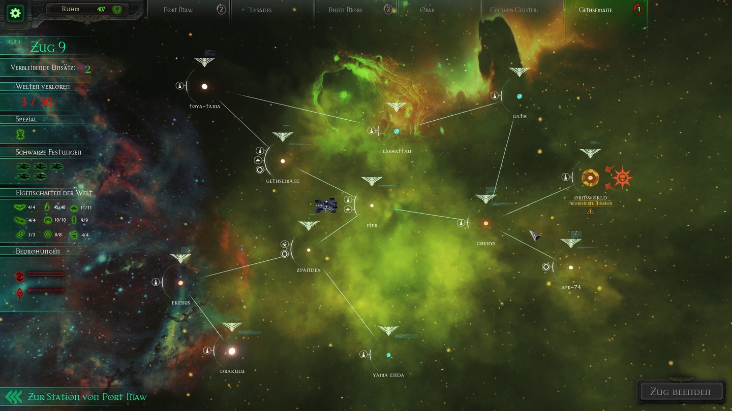 Battlefleet Gothic: ArmadaDie Sektorenkarte zeigt alle Planeten unter unserer Kontrolle und nahende feindliche Übergriffe.
