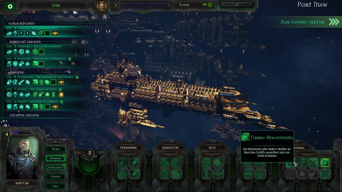 Battlefleet Gothic: ArmadaIm Raumhafen Port Maw versehen wir unsere Schiffe mit Upgrades und Fähigkeiten.