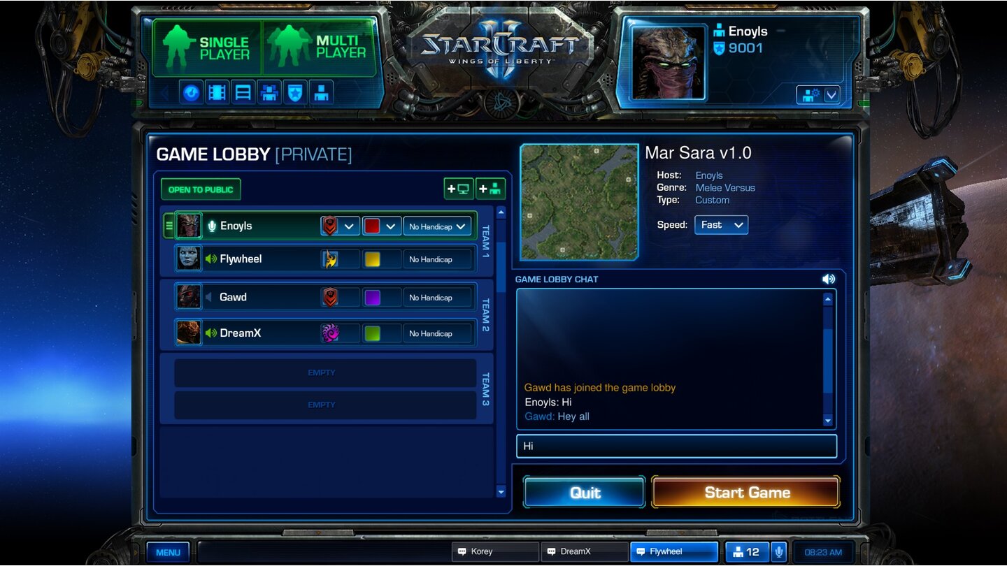 Battle.netSo sieht die neue Game Lobby von StarCraft 2 aus. Links sind die Spieler und rechts der Chat sowie die Karten- und Optionsvorschau.