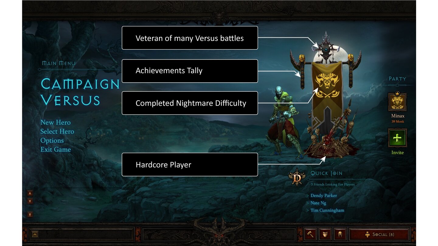 Diablo 3 Interface.. wie errungene Achievements, gewählter Schwierigkeitsgrad oder Infos zum PvP-Status.