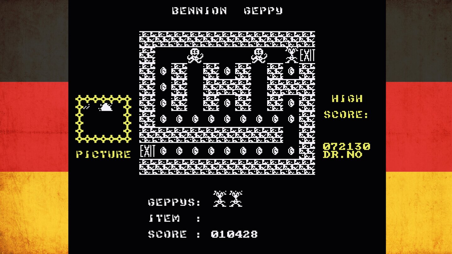 Bennion GeppyDas Magazin Retro Gamer bezeichnete den Helden von Raimo Bunsens Geschicklichkeitsspiel auch als »Sonic der DDR« – Geppy kann zwar nicht springen, wohl aber rennen. Und er muss Münzen einsammeln. Und Schlüssel für Türen. Und andere Items. In einem Labyrinth.