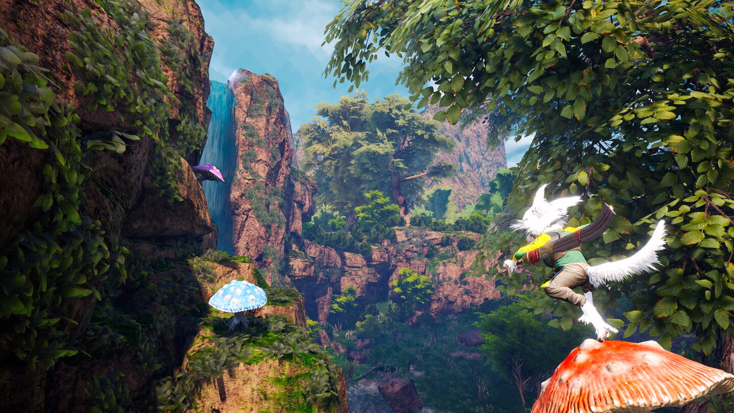 BiomutantEine unserer Mutanten-Fähigkeiten erlaubt es uns, Sprungpilze in der Welt zu platzieren. So kommen wir in ungeahnte Höhen.