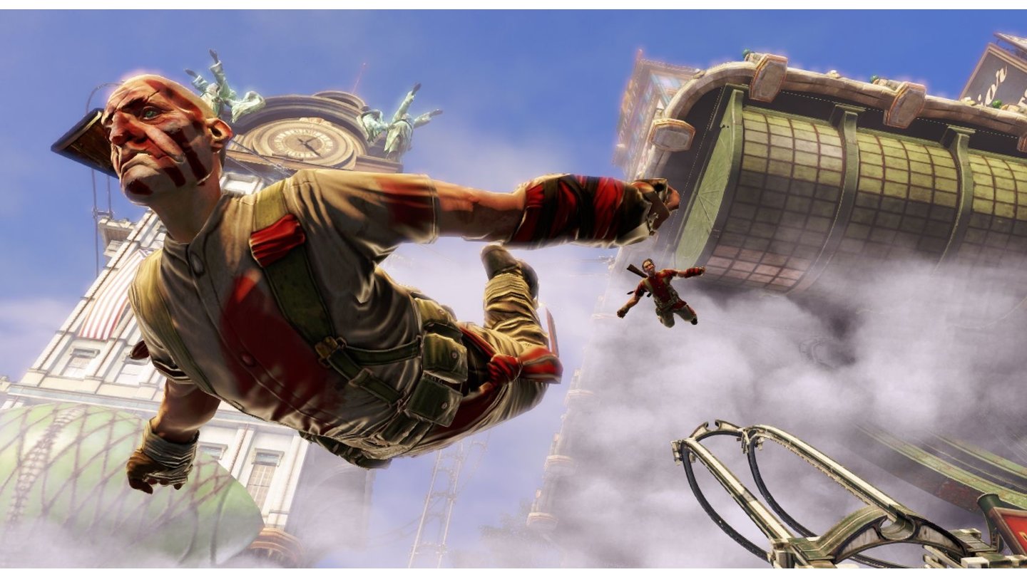Bioshock InfiniteNicht nur Booker, auch seine Gegner können durch beherzte Sprünge von einer Skyline (rechts unten) zur nächsten springen.
