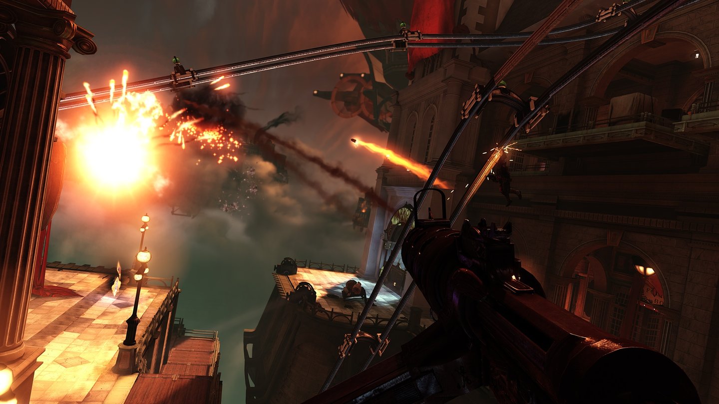 Bioshock InfiniteAn Wolkenschienen hängende Gegner schlagen eine Luftschlacht.