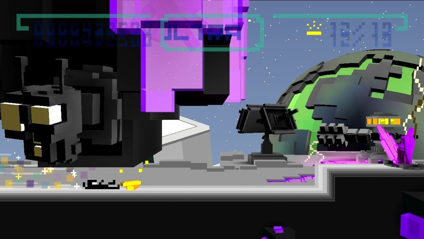 Bit.Trip RunnerWir rutschen unter einem Alien-Wurm hindurch, bevor wir die Treppenstufe heraufspringen und den Kristall zertreten müssen.