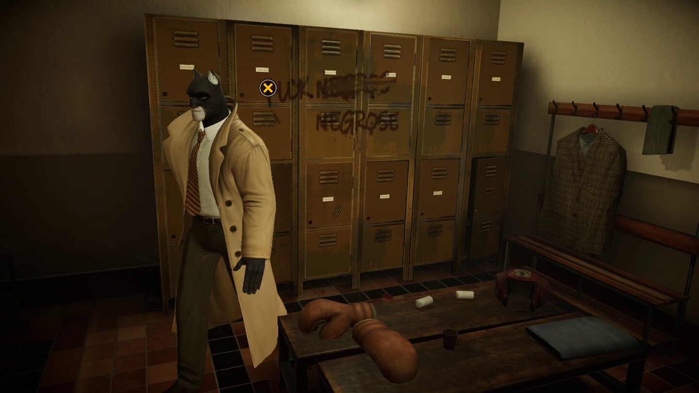 Wenn wir Blacksad frei steuern, wird uns angezeigt, womit wir interagieren können. Leider bewegt sich der Detektiv eher schwerfällig.