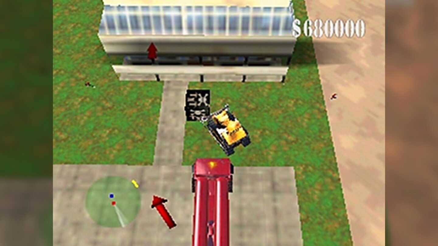 Blast Corps»Ramdozer« kann die großen Gebäude nicht selbst zerstören, also schieben wir eine explosive Kiste hinein. Gerade noch mal gut gegangen.