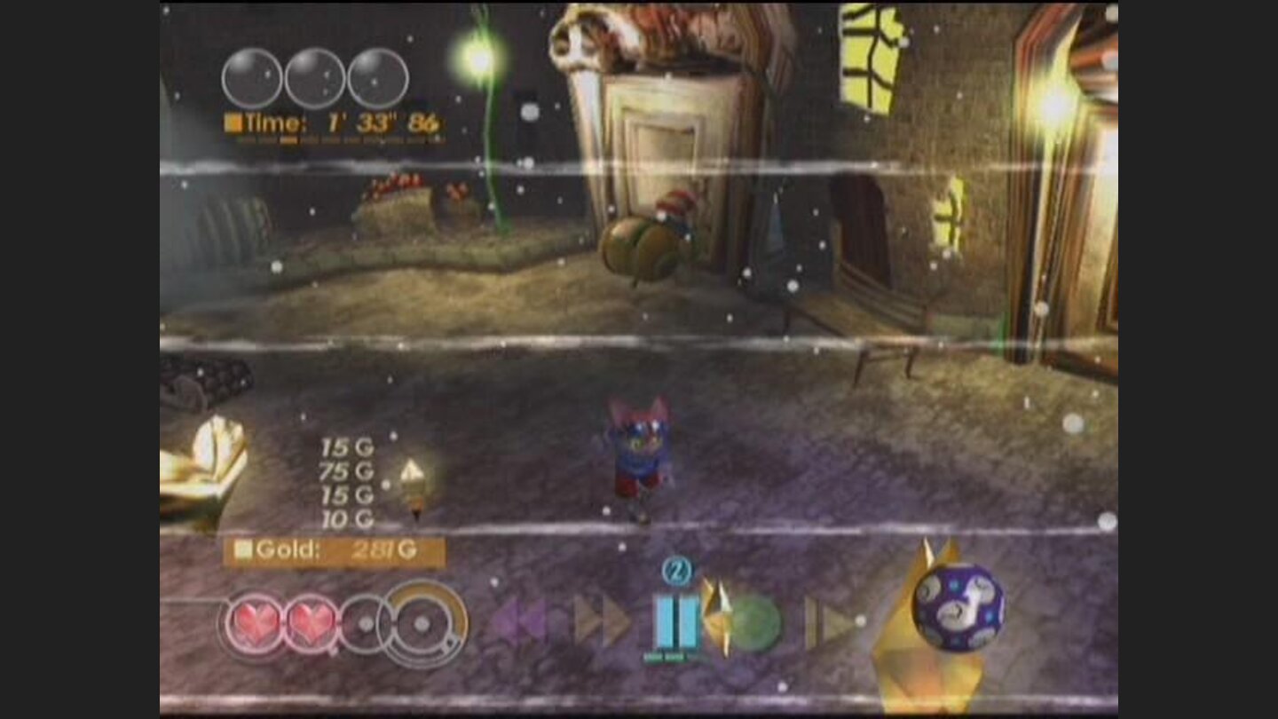 One hit and Blinx dies. When this happens, a Continue is used and the game rewinds to just prior to the deadly touch.
