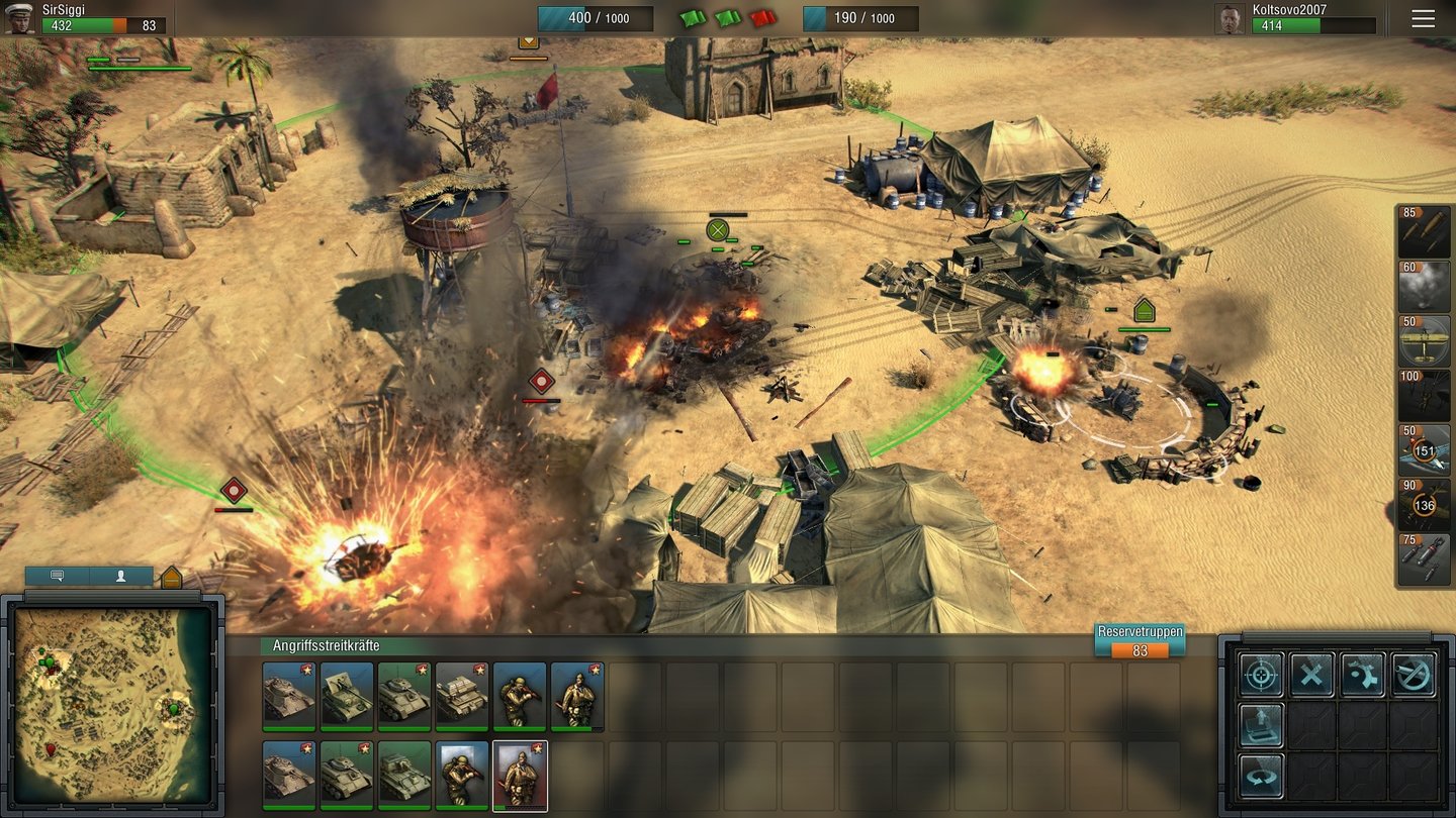 Blitzkrieg 3Die schnellen Multiplayergefechte (1vs1, 2vs2 und 3vs3) sind meistens nach rund zehn Minuten entschieden. Wichtig: An den Flaggenpunkten möglichst alle festen Flak-, MG- und Geschützstellungen mit Infanterie besetzen.