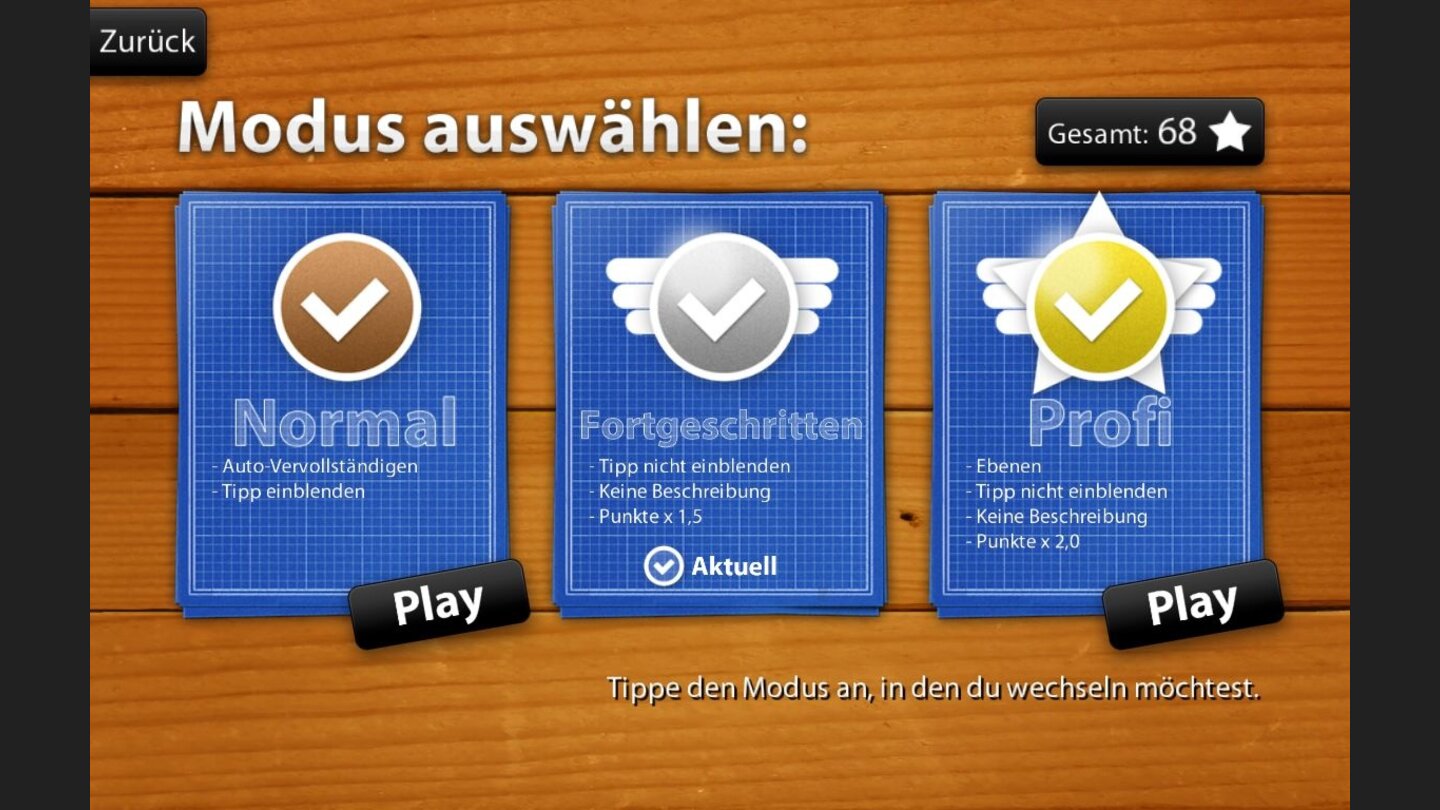 Blueprint 3D HDDamit es auch für geübte Puzzler nicht langweilig wird gibt es drei Schwierigkeitsstufen. Die Stufe »Profi« ist allerdings brutal schwer und unübersichtlich.