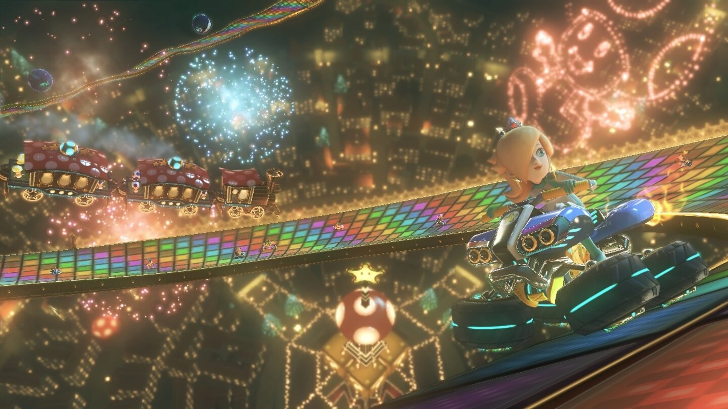 Mario Kart 8Die neue Rainbow Road soll die bisher spektakulärste Interpretation der bunten Piste werden.