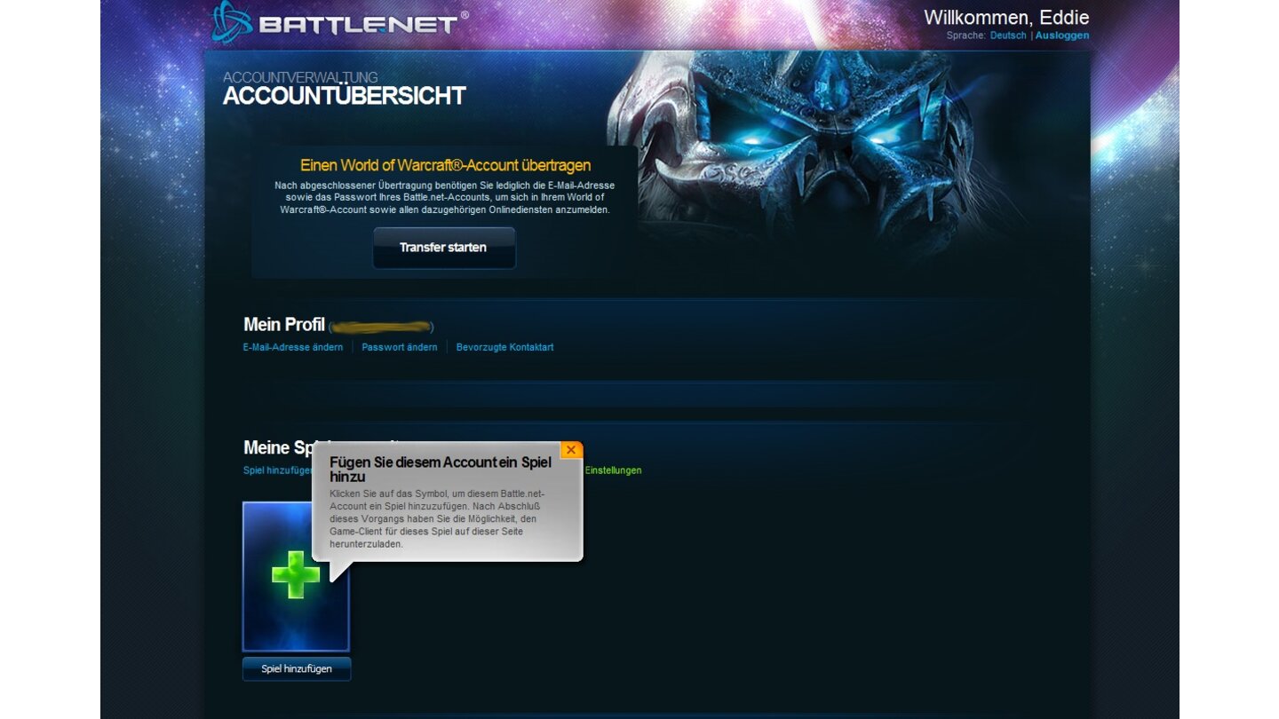 12. Anschließend können Sie sich mit Ihrem zuvor gewählten Passwort einloggen. Im Hauptmenü der Kontoverwaltung können Sie jetzt entweder einen bereits bestehenden World of WarCraft-Account mit Ihrem Battle.net-Konto verschmelzen oder andere Blizzard-Spiele registrieren.