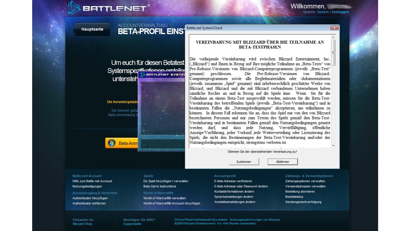 17. Der Battle.net SystemCheck verlangt von Ihnen die Annahme einer weiteren Vereinbarung. Diesmal geht es um die Teilnahme am Betatest eines Blizzard-Spiels.