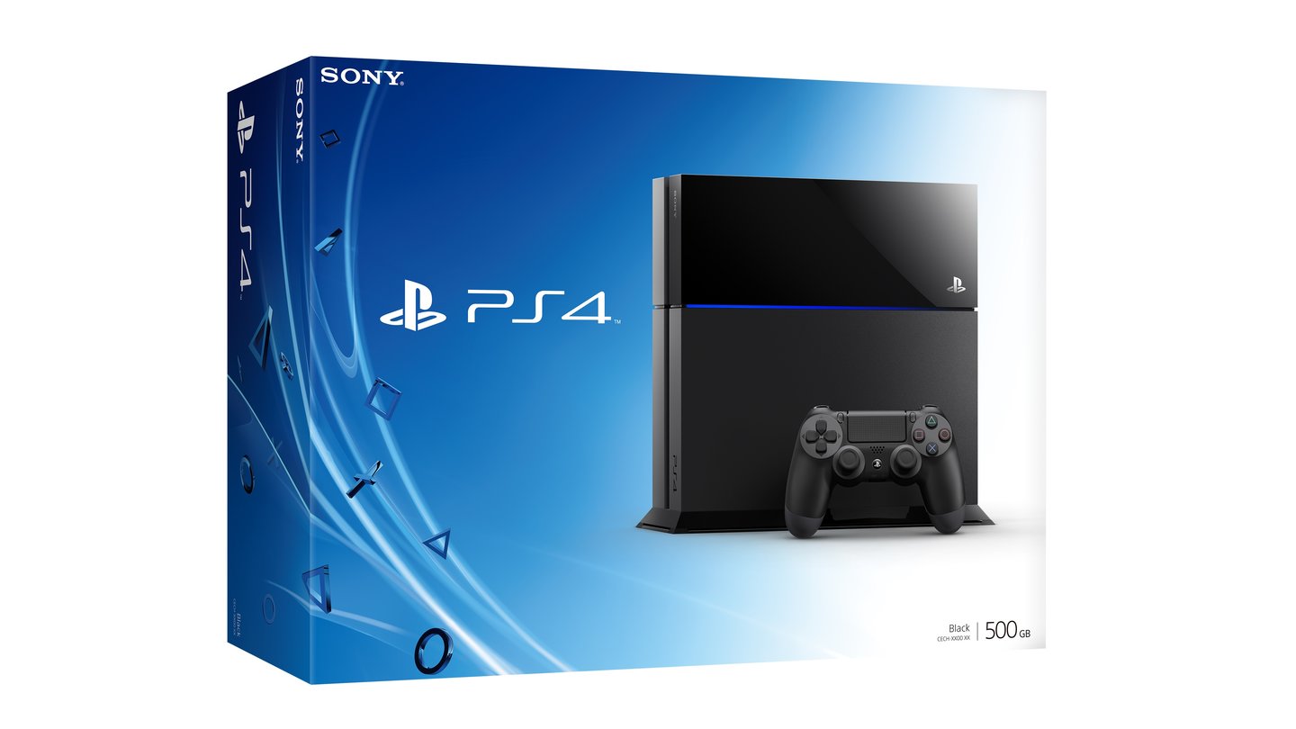 PlayStation 4So sieht die Verkaufsbox der Konsole aus. Wie auf der Packung gut zu sehen, verfügt die PS4 über 500 GB Speicherplatz.
