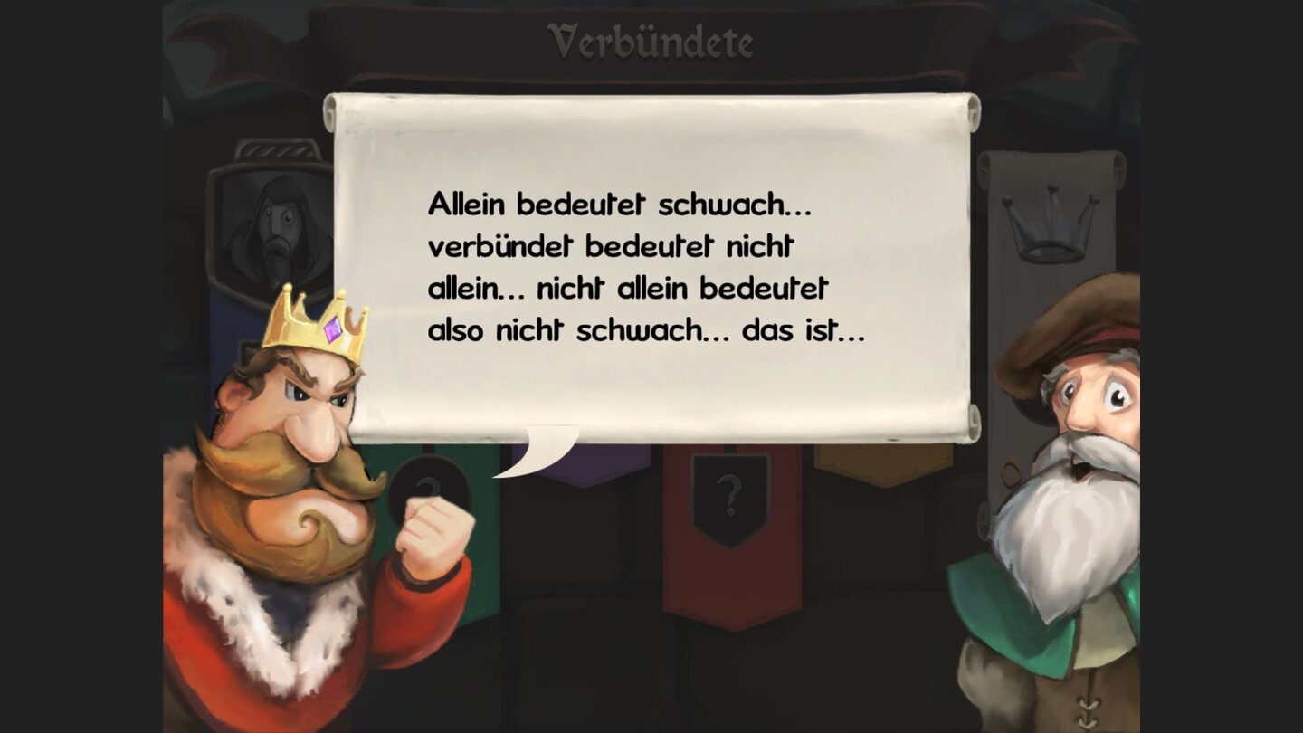 Bridge Constructor: MittelalterDer Fluch des blauen Blutes: Der König versucht trotz begrenzter intellektueller Kapazität nachzuvollziehen, warum wir Verbündete brauchen.