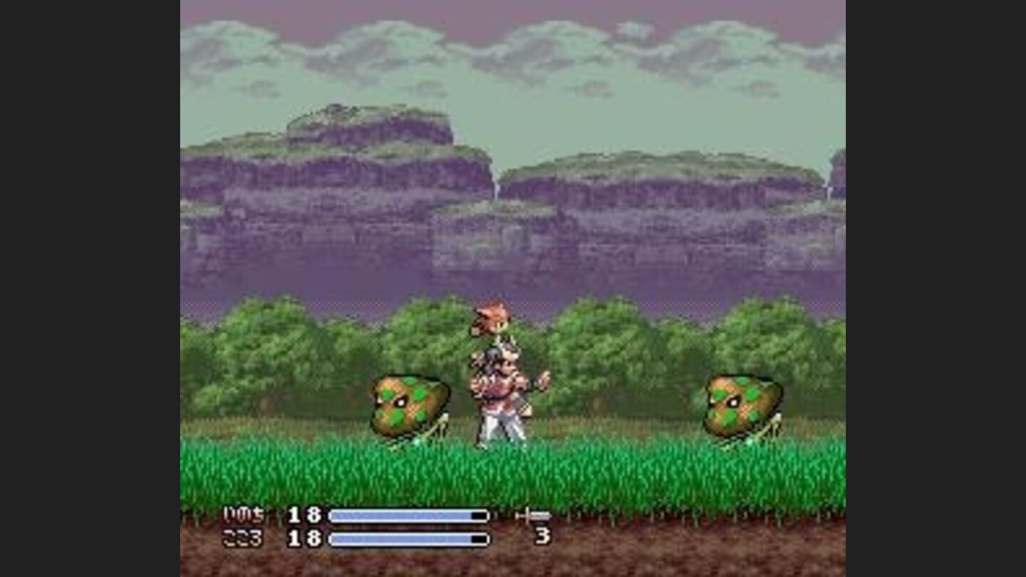 Fighting some mushrooms with mountains as background