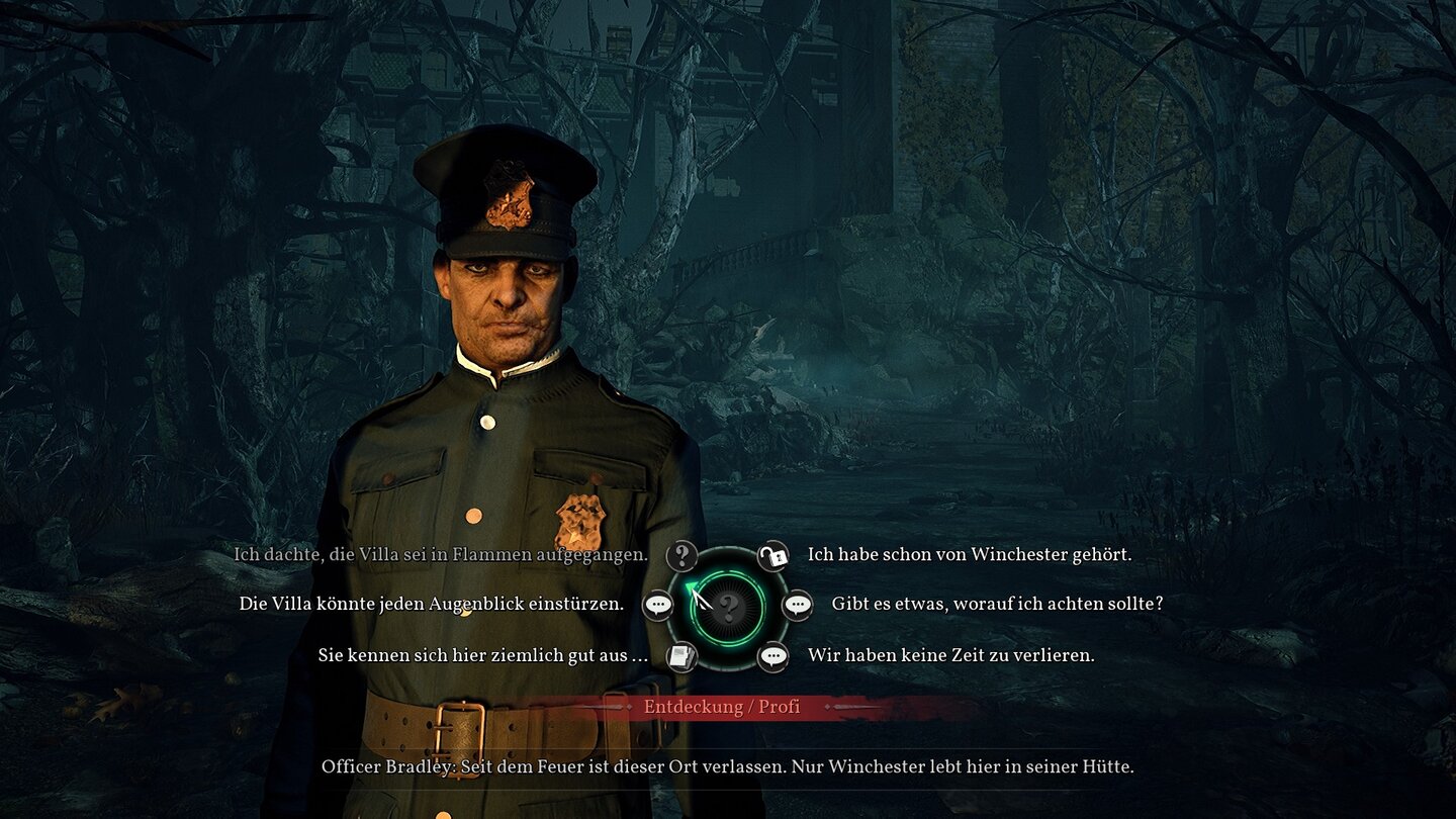Im Spiel ermitteln wir als Detektiv. Unsere Fähigkeiten punkte bestimmten, welche Optionen wir im Gespräch zur Verfügung haben.