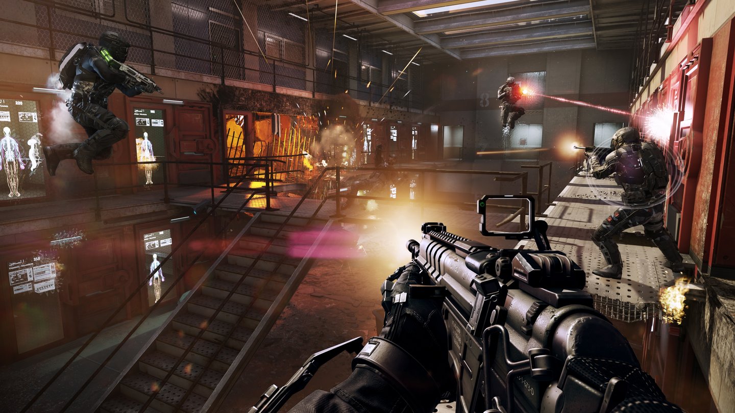 Call of Duty: Advanced Warfare - Multiplayer-ScreenshotDurch ihre abwechslungsreichen Hotspots macht die neue Karte »Riot« vor allem im zurückkehrenden Spielmodus Hardpoint sehr viel Laune.