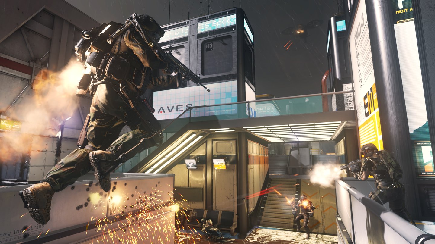 Call of Duty: Advanced Warfare - Multiplayer-ScreenshotDie Boost-Jumps von Advance Warfare ermöglichen unter anderem auch ein schnelles Ausweichen in alle Richtungen, mitten im Flug, was das Bewegungsrepertoire des Spiels deutlich erweitert.