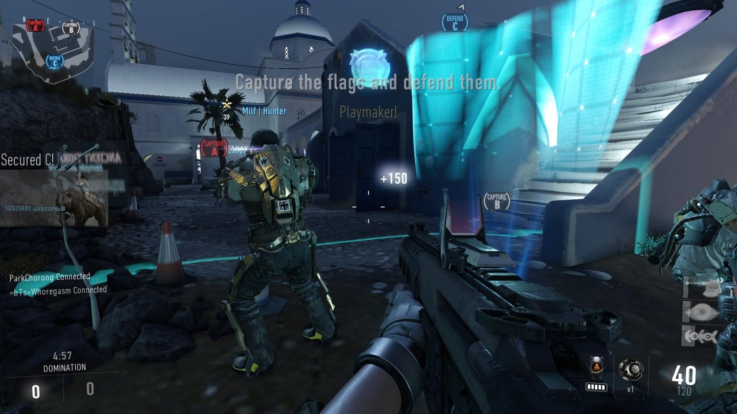 Call of Duty: Advanced Warfare - Multiplayer-Screenshot
In Domination kämpfen wir wie immer um drei Flaggenpunkte, dank Scorestreaks lohnt sich das Spielen um die Missionsziele mehr als noch im Vorgänger Ghosts.
