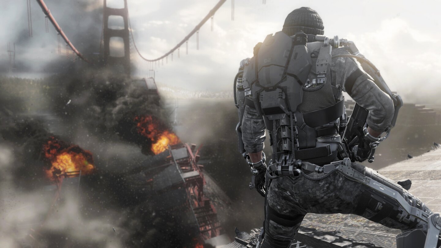 Call of Duty: Advanced WarfareDie Zerstörung der Golden Gate Bridge ist ein spektakulärer Höhepunkt in der Kampagne. Zu dieser Zeit hat unser Spielheld Mitchell bereits mehrere Jahre als Söldner hinter sich.