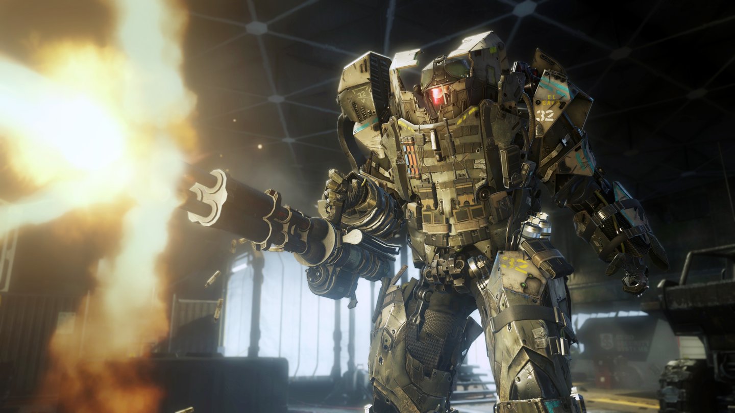 Call of Duty: Advanced WarfareIn den uns gezeigten Spielszenen trugen einige Atlas-Söldner solche schweren Robo-Rüstungen. Wir rechnen fest damit, dass wir sie im Spielverlauf auch selbst benutzen werden.