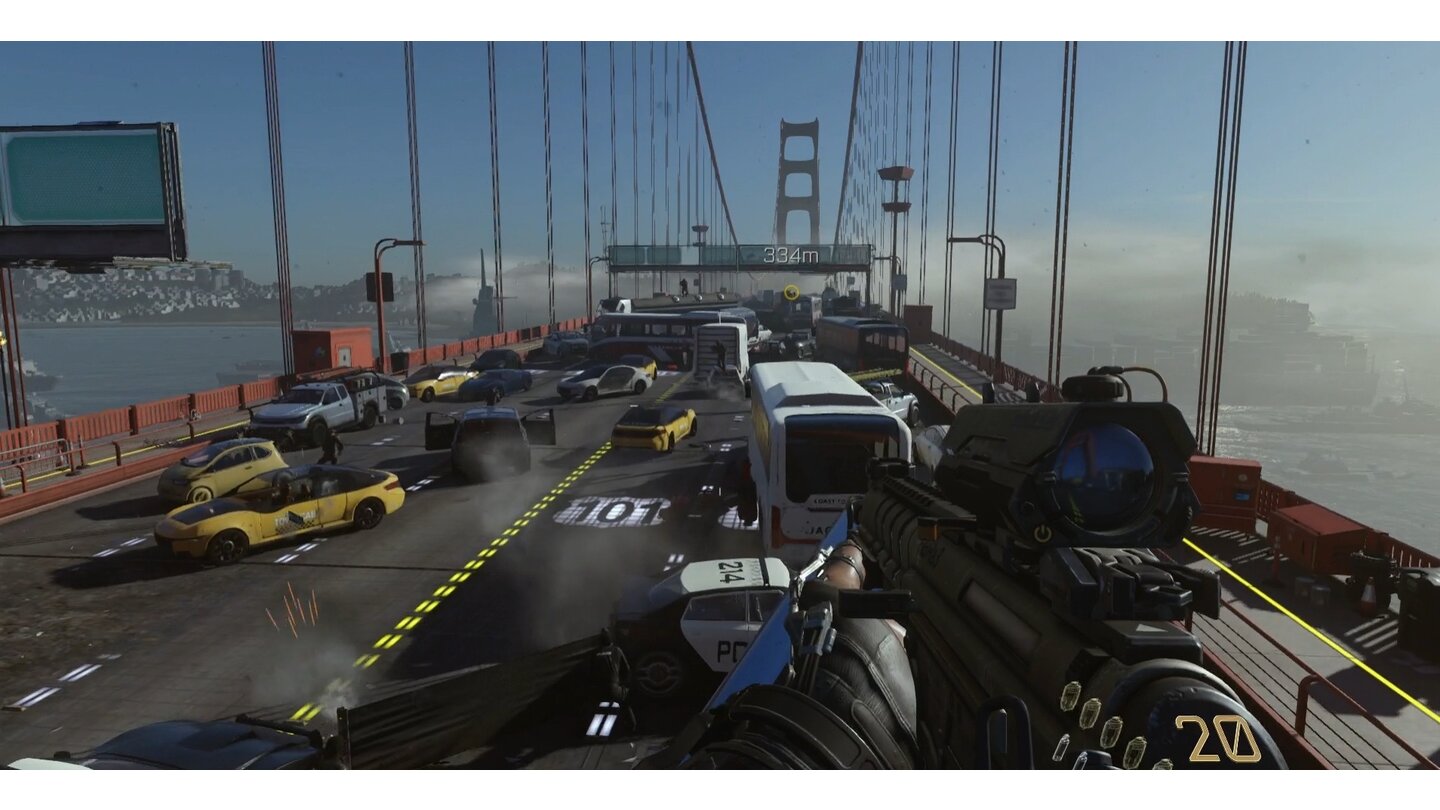 Call of Duty: Advanced WarfareMit dem Boost-Sprung des Exo-Anzugs können wir höher springen, beispielswiese auf diesen Bus.