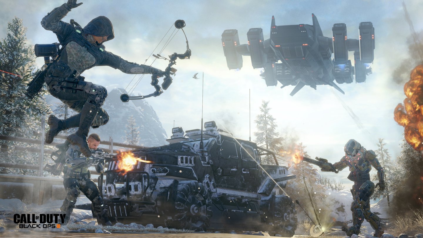 Call of Duty: Black Ops 3Auch mit historischen Waffen wie Pfeil und Bogen wird geschossen - ein Hinweis auf Zeitreisen? Kleiner Scherz, der Flitzebogen darf aktuell natürlich in keinem Shooter fehlen.