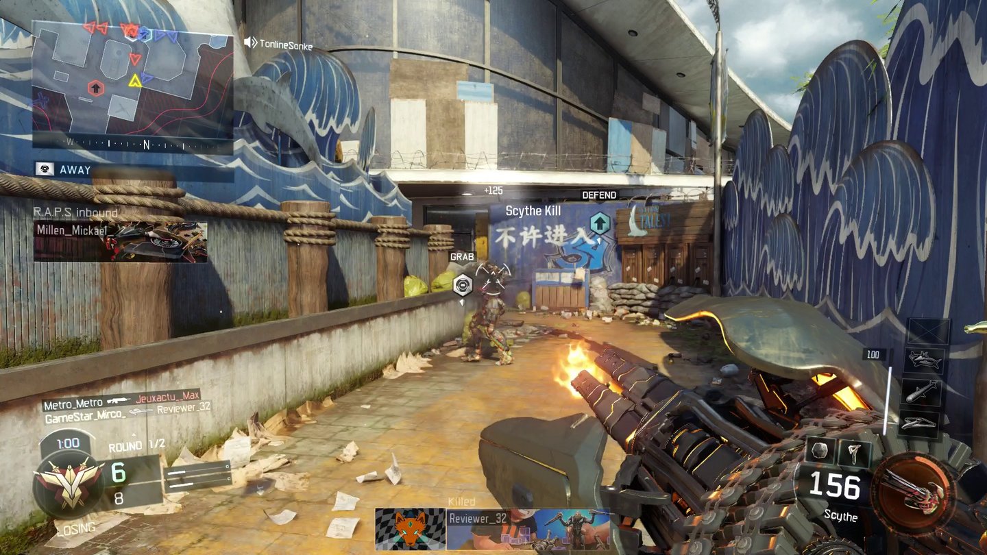 Call of Duty: Black Ops 3Der Scyther-Spezialist mäht Gegner mit seiner Minigun nieder. Die muss aber erst warmlaufen.